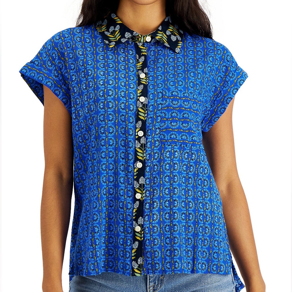 Style & Co Poplin Mixed-Print Camp Shirt